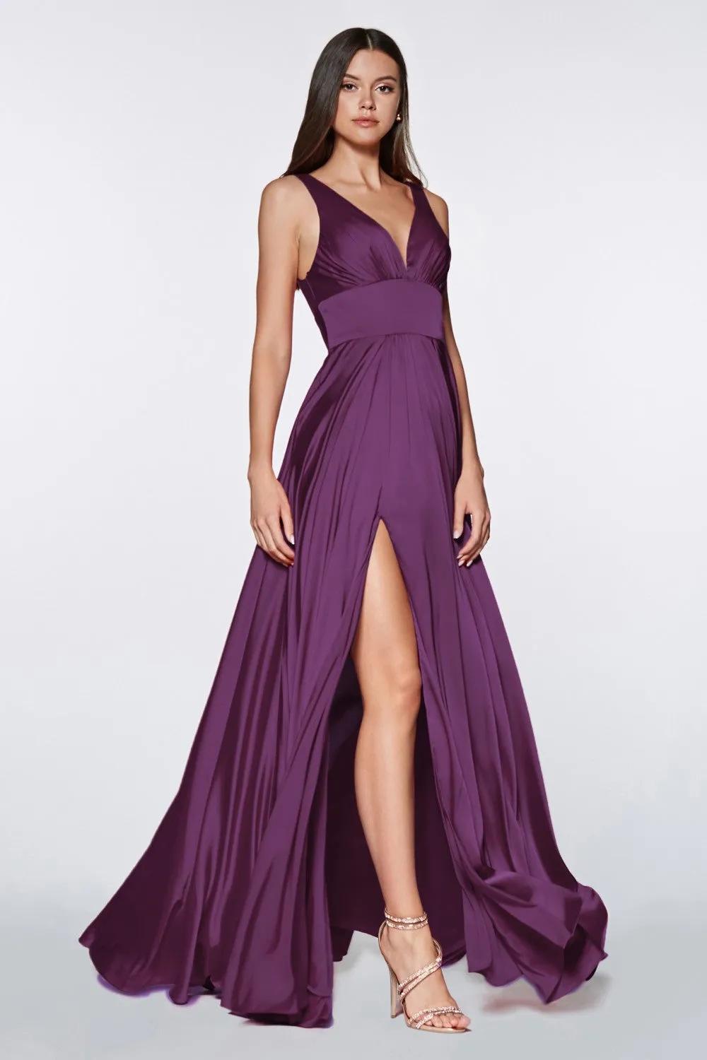 CD 7469 B - A-Line Satin Prom Gown with Pleated V-Neck Bodice Spaghetti Straps & Leg Slit Sizes 16-24