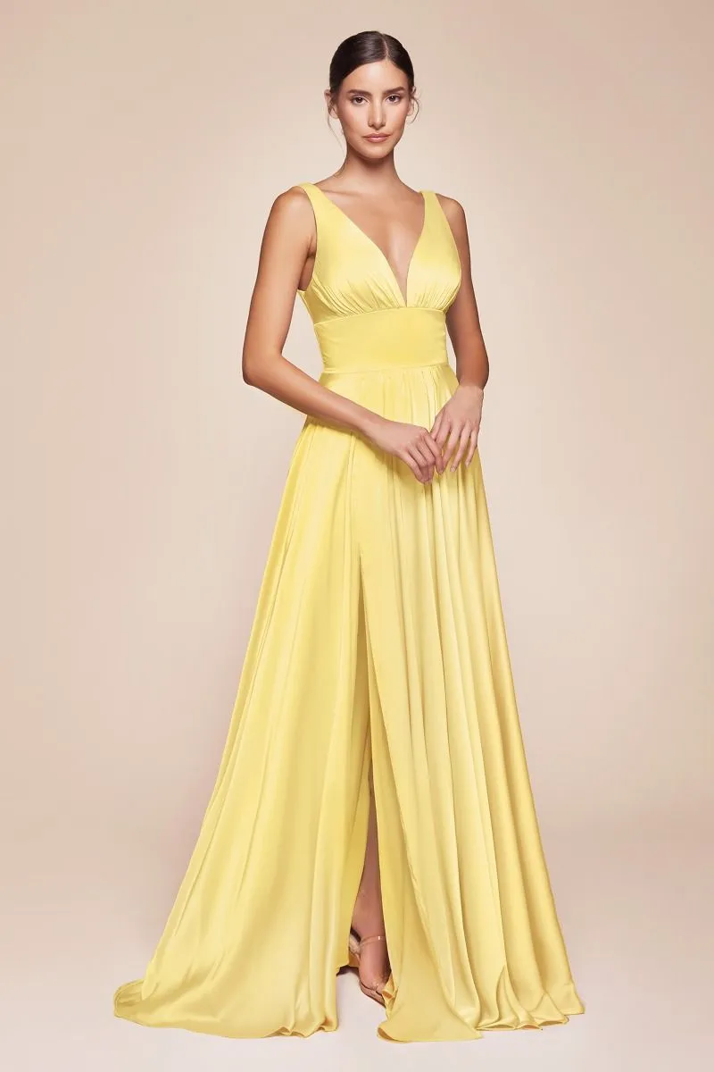 CD 7469 B - A-Line Satin Prom Gown with Pleated V-Neck Bodice Spaghetti Straps & Leg Slit Sizes 16-24