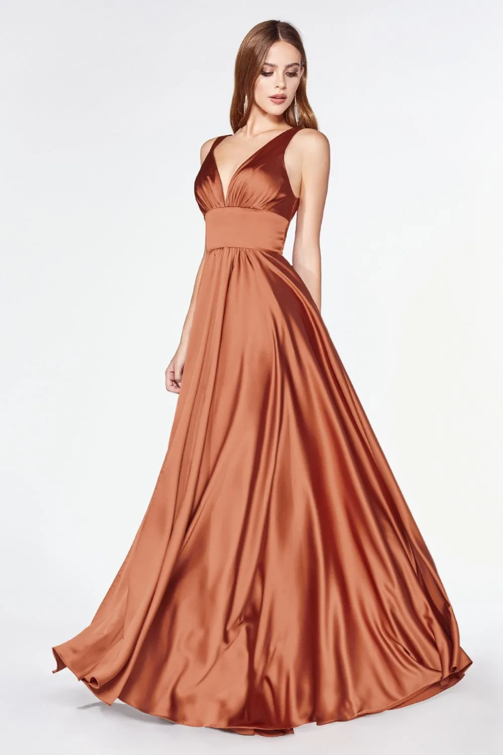 CD 7469 B - A-Line Satin Prom Gown with Pleated V-Neck Bodice Spaghetti Straps & Leg Slit Sizes 16-24