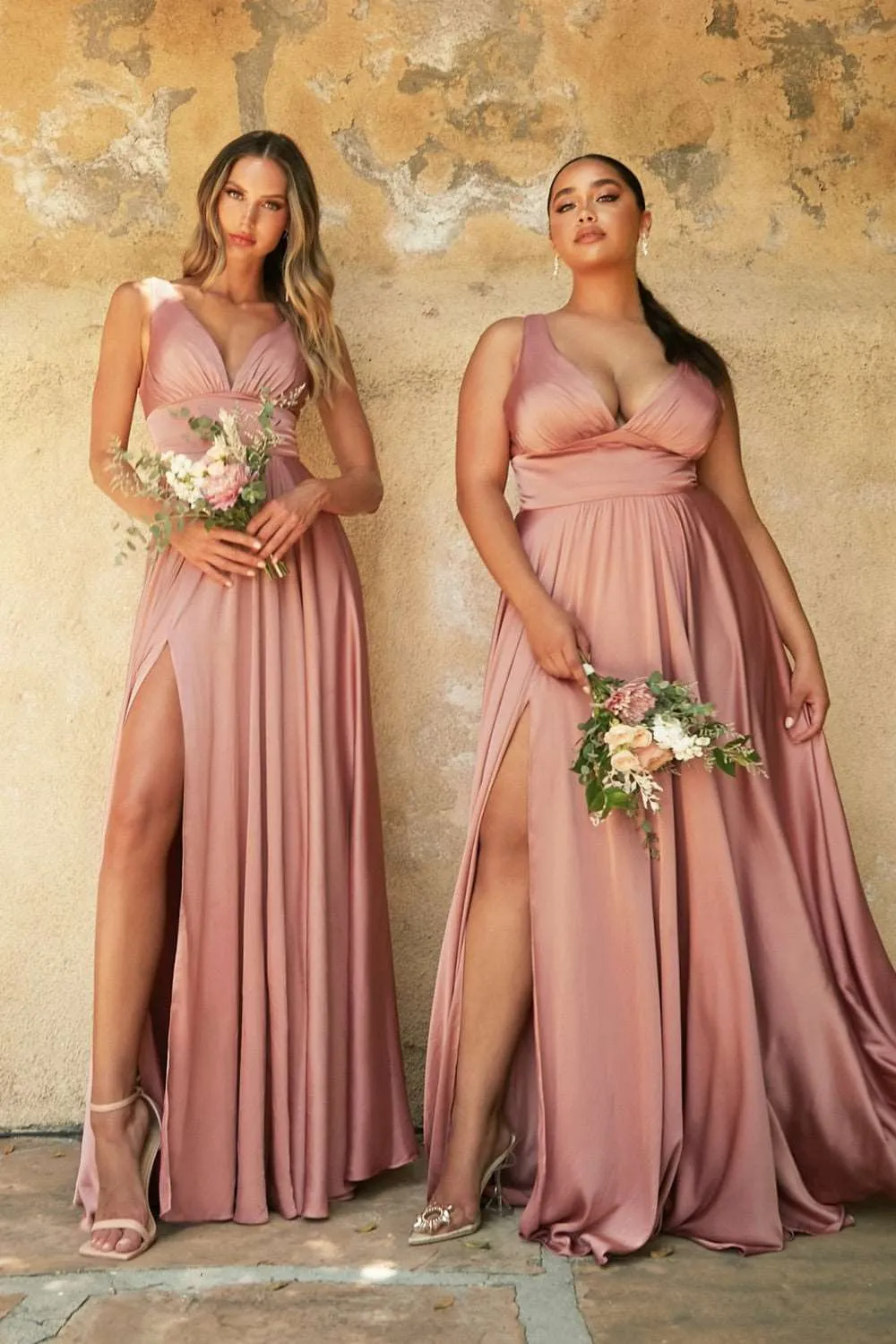 CD 7469 B - A-Line Satin Prom Gown with Pleated V-Neck Bodice Spaghetti Straps & Leg Slit Sizes 16-24
