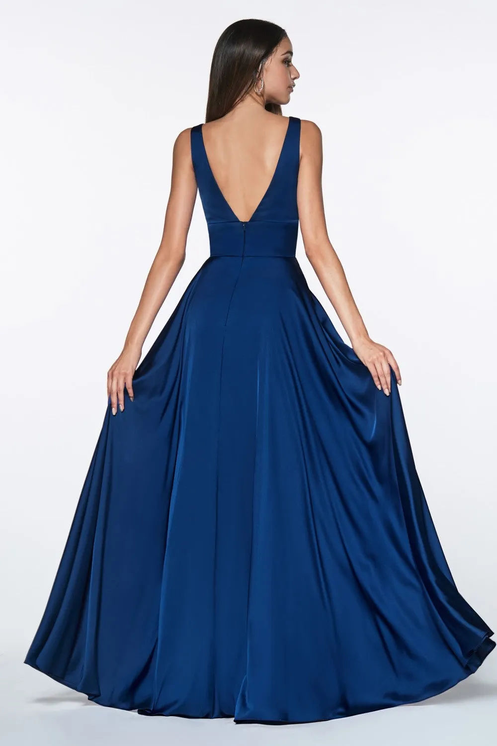 CD 7469 B - A-Line Satin Prom Gown with Pleated V-Neck Bodice Spaghetti Straps & Leg Slit Sizes 16-24
