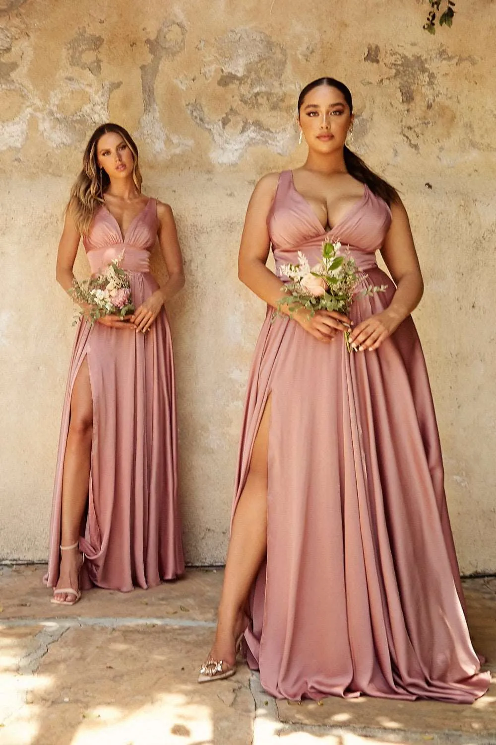 CD 7469 B - A-Line Satin Prom Gown with Pleated V-Neck Bodice Spaghetti Straps & Leg Slit Sizes 16-24