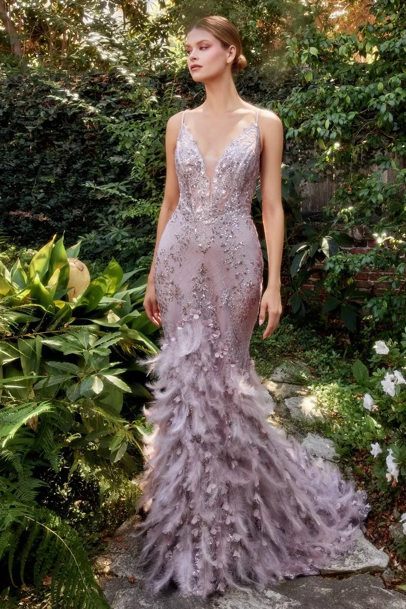 CD A1116 - Glitter Embellished Fit & Flare Prom Gown with Sheer Bodice  Lace Up Corset Back & Feather Adorned Skirt