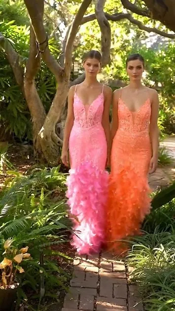CD A1116 - Glitter Embellished Fit & Flare Prom Gown with Sheer Bodice  Lace Up Corset Back & Feather Adorned Skirt