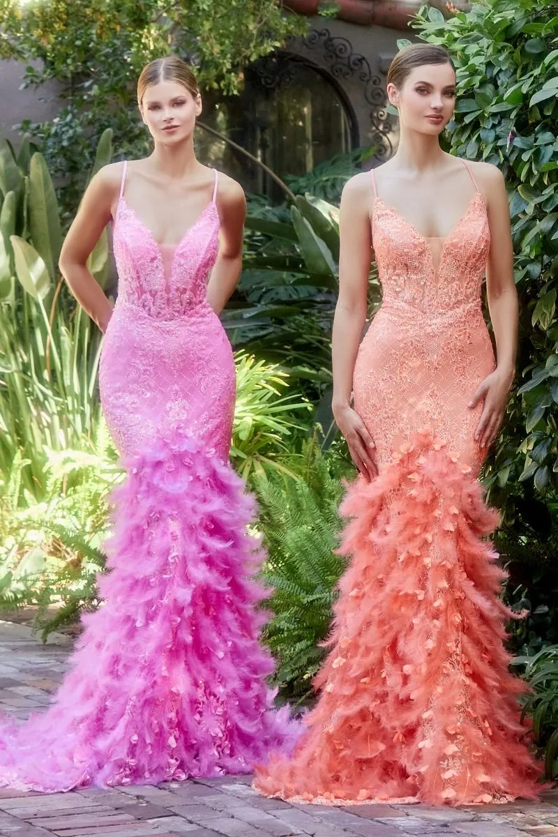 CD A1116 - Glitter Embellished Fit & Flare Prom Gown with Sheer Bodice  Lace Up Corset Back & Feather Adorned Skirt