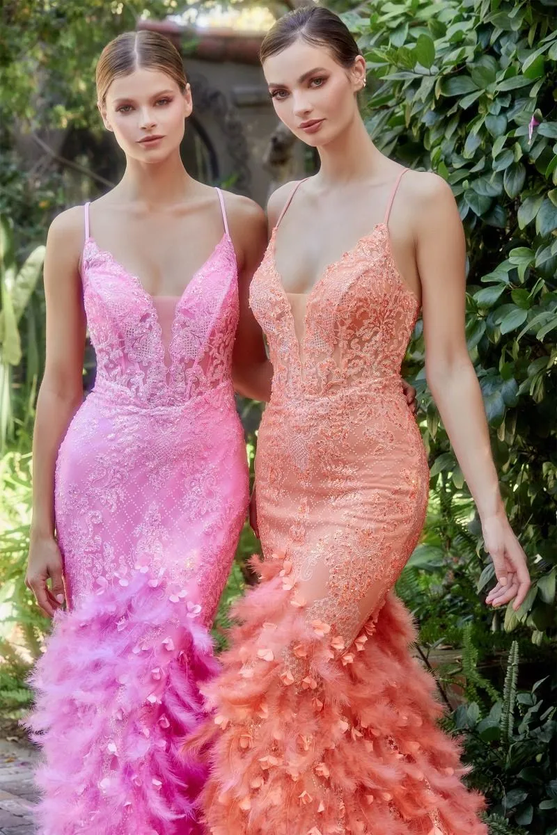 CD A1116 - Glitter Embellished Fit & Flare Prom Gown with Sheer Bodice  Lace Up Corset Back & Feather Adorned Skirt