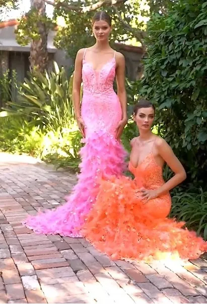 CD A1116 - Glitter Embellished Fit & Flare Prom Gown with Sheer Bodice  Lace Up Corset Back & Feather Adorned Skirt