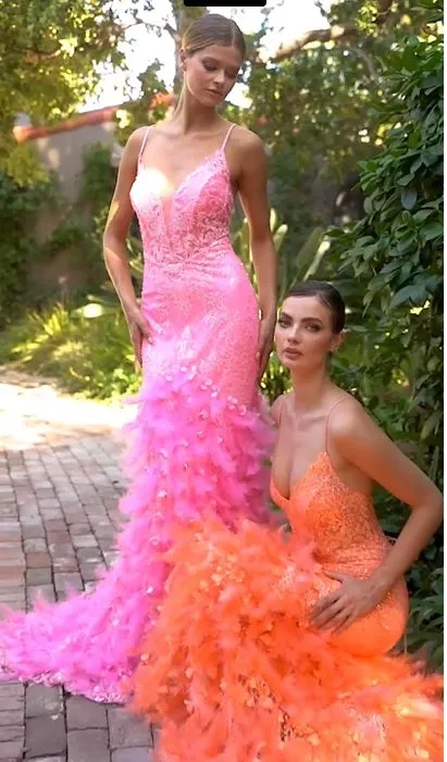 CD A1116 - Glitter Embellished Fit & Flare Prom Gown with Sheer Bodice  Lace Up Corset Back & Feather Adorned Skirt