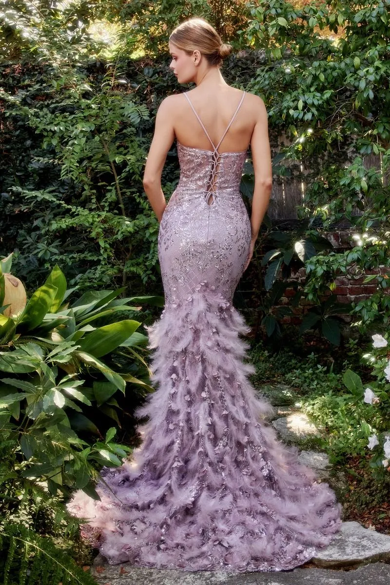 CD A1116 - Glitter Embellished Fit & Flare Prom Gown with Sheer Bodice  Lace Up Corset Back & Feather Adorned Skirt