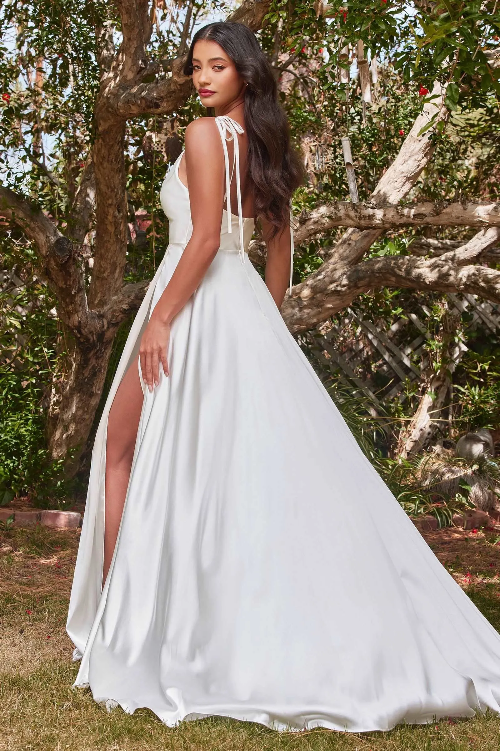 CD BD104W - Satin A-Line Wedding Gown with Tying Spaghetti Shoulder Straps Cowl Neck & Leg Slit