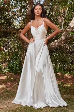 CD BD104W - Satin A-Line Wedding Gown with Tying Spaghetti Shoulder Straps Cowl Neck & Leg Slit