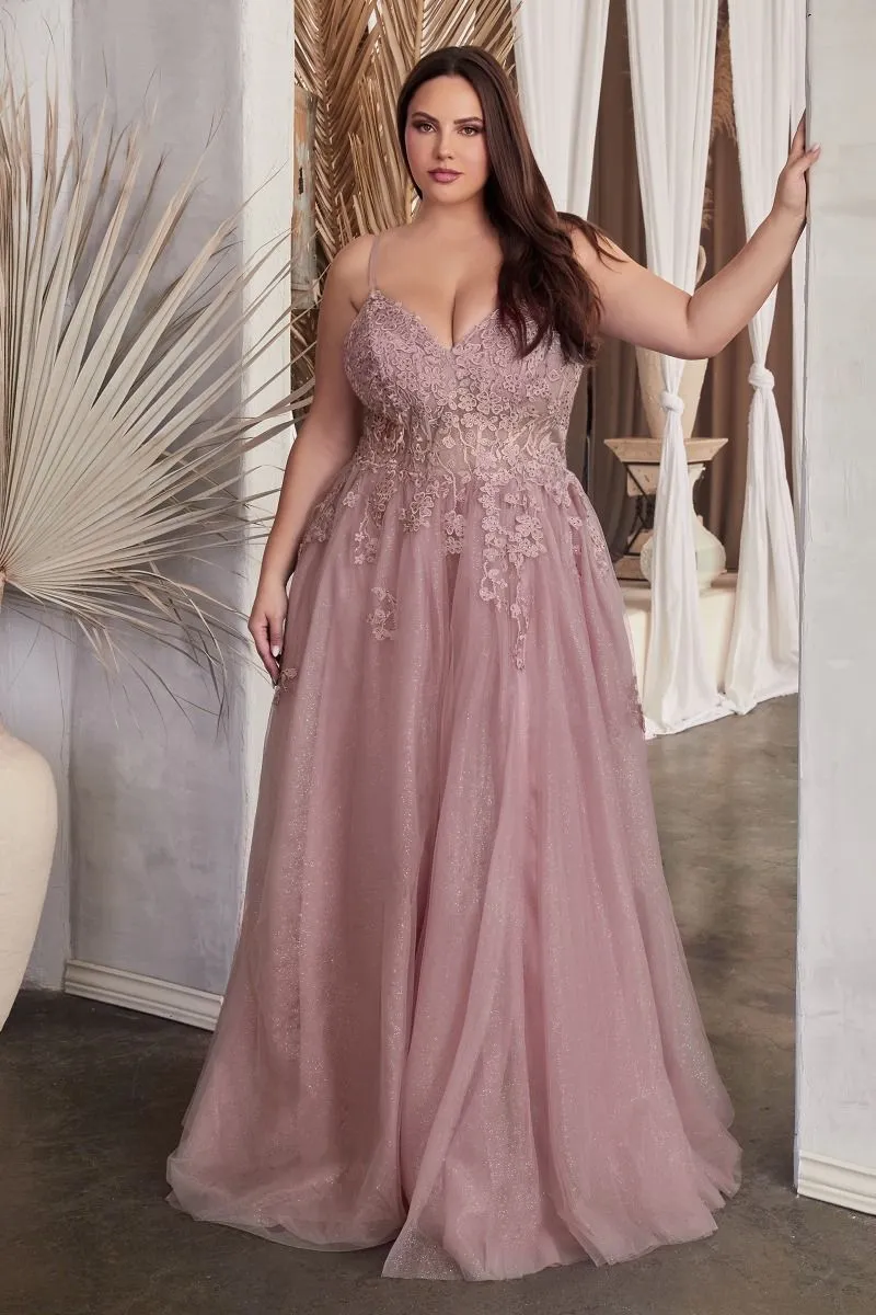 CD C148C - Plus Size Lace & Tulle A-Line Prom Gown with Sheer Corset Bodice & Hidden Leg Slit