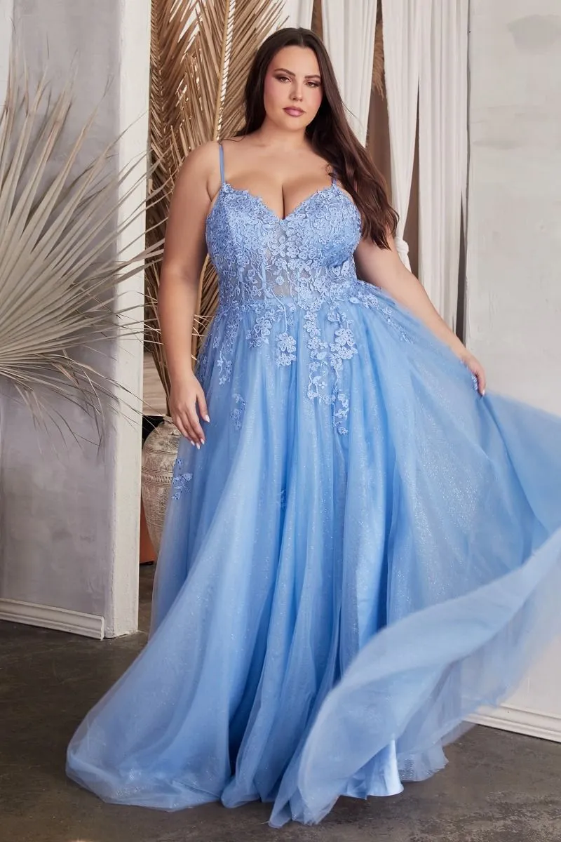 CD C148C - Plus Size Lace & Tulle A-Line Prom Gown with Sheer Corset Bodice & Hidden Leg Slit