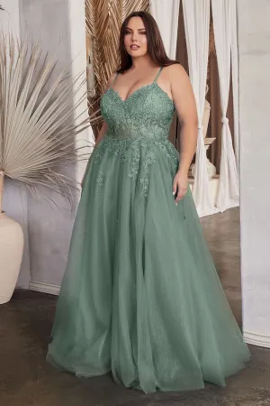 CD C148C - Plus Size Lace & Tulle A-Line Prom Gown with Sheer Corset Bodice & Hidden Leg Slit
