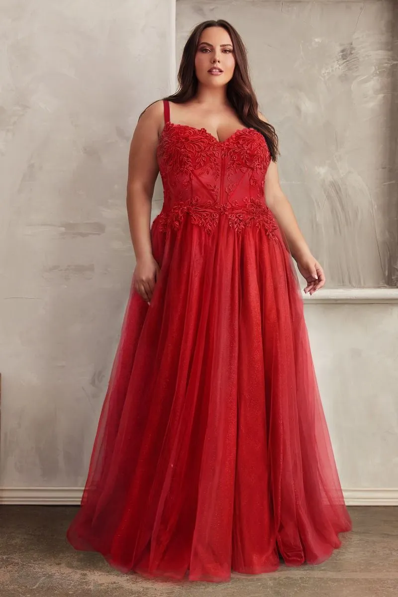 CD C150C - Plus Size Lace Over Layered Tulle A-Line Prom Gown with Lace Up Corset Back & Leg Slit