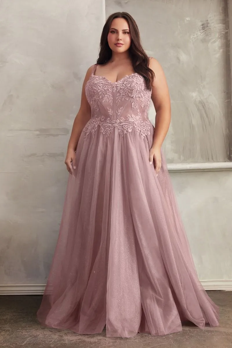 CD C150C - Plus Size Lace Over Layered Tulle A-Line Prom Gown with Lace Up Corset Back & Leg Slit
