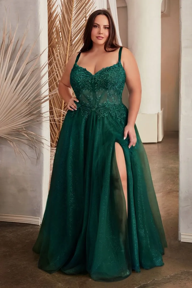 CD C150C - Plus Size Lace Over Layered Tulle A-Line Prom Gown with Lace Up Corset Back & Leg Slit