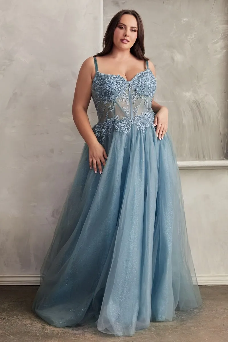 CD C150C - Plus Size Lace Over Layered Tulle A-Line Prom Gown with Lace Up Corset Back & Leg Slit