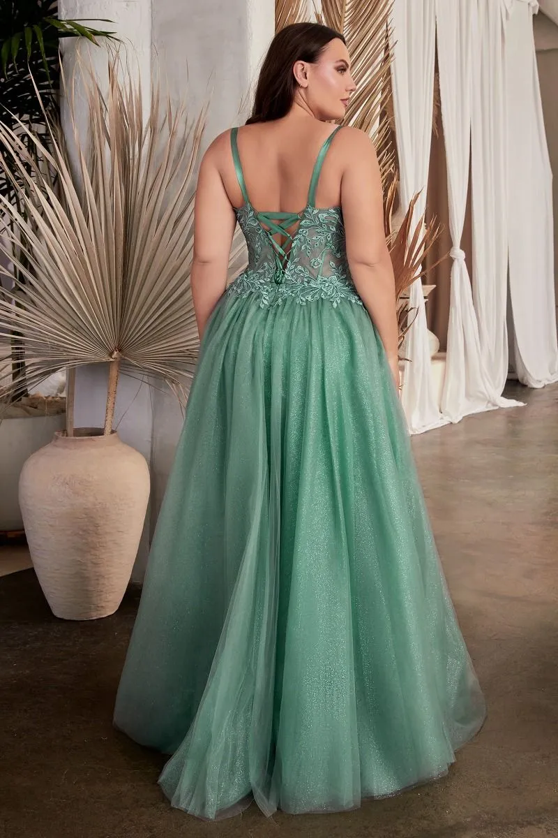 CD C150C - Plus Size Lace Over Layered Tulle A-Line Prom Gown with Lace Up Corset Back & Leg Slit