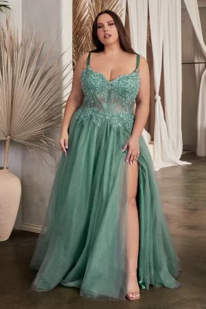 CD C150C - Plus Size Lace Over Layered Tulle A-Line Prom Gown with Lace Up Corset Back & Leg Slit