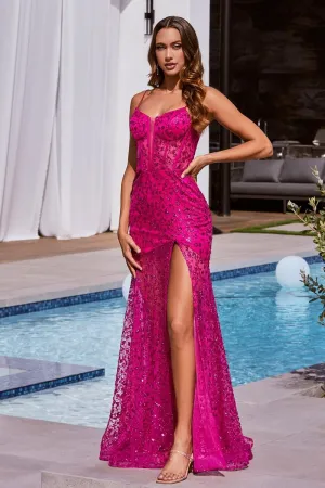 CD C155 - Glitter Print Fit & Flare Prom Gown with Sheer Boned Bodice Sheer Skirt & Leg Slit