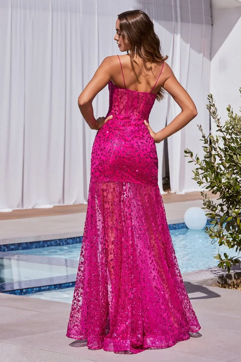 CD C155 - Glitter Print Fit & Flare Prom Gown with Sheer Boned Bodice Sheer Skirt & Leg Slit