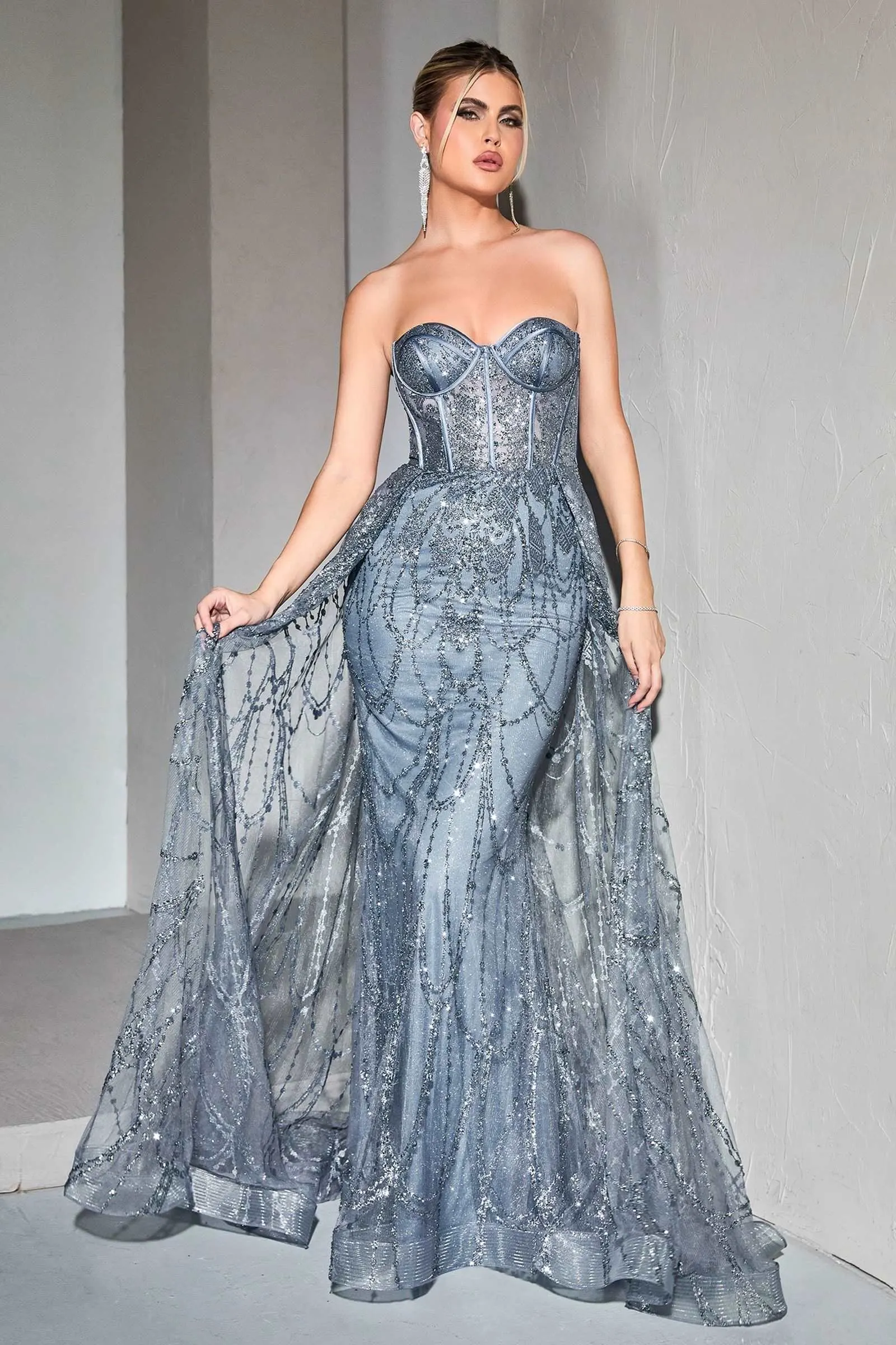 CD CB095 - Strapless Shimmering Mermaid Lace Prom Gown with Boned Bodice & Over Skirt
