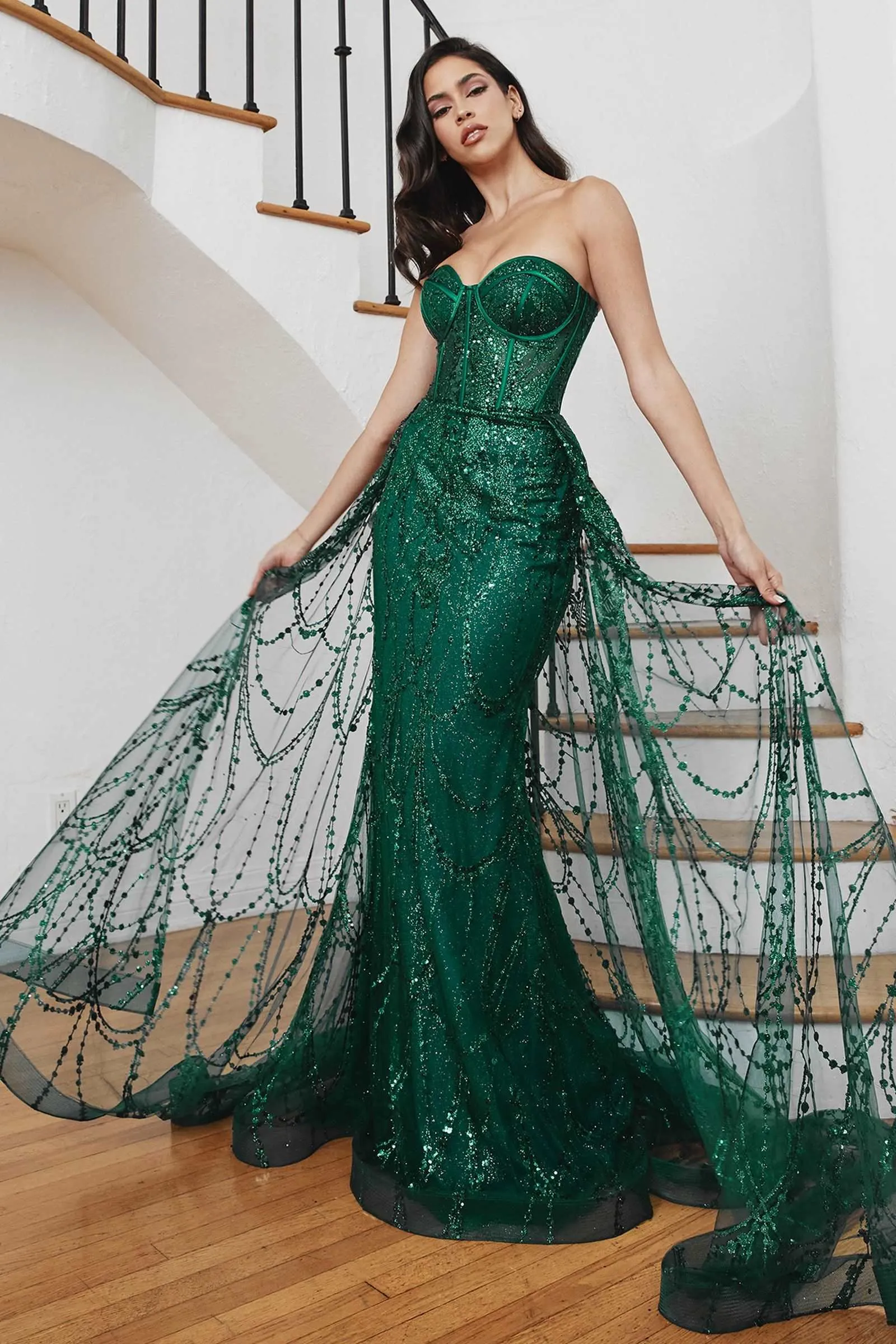 CD CB095 - Strapless Shimmering Mermaid Lace Prom Gown with Boned Bodice & Over Skirt
