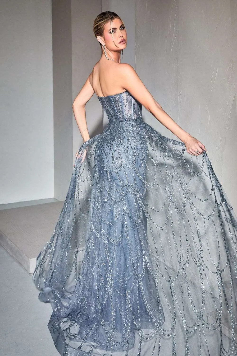 CD CB095 - Strapless Shimmering Mermaid Lace Prom Gown with Boned Bodice & Over Skirt