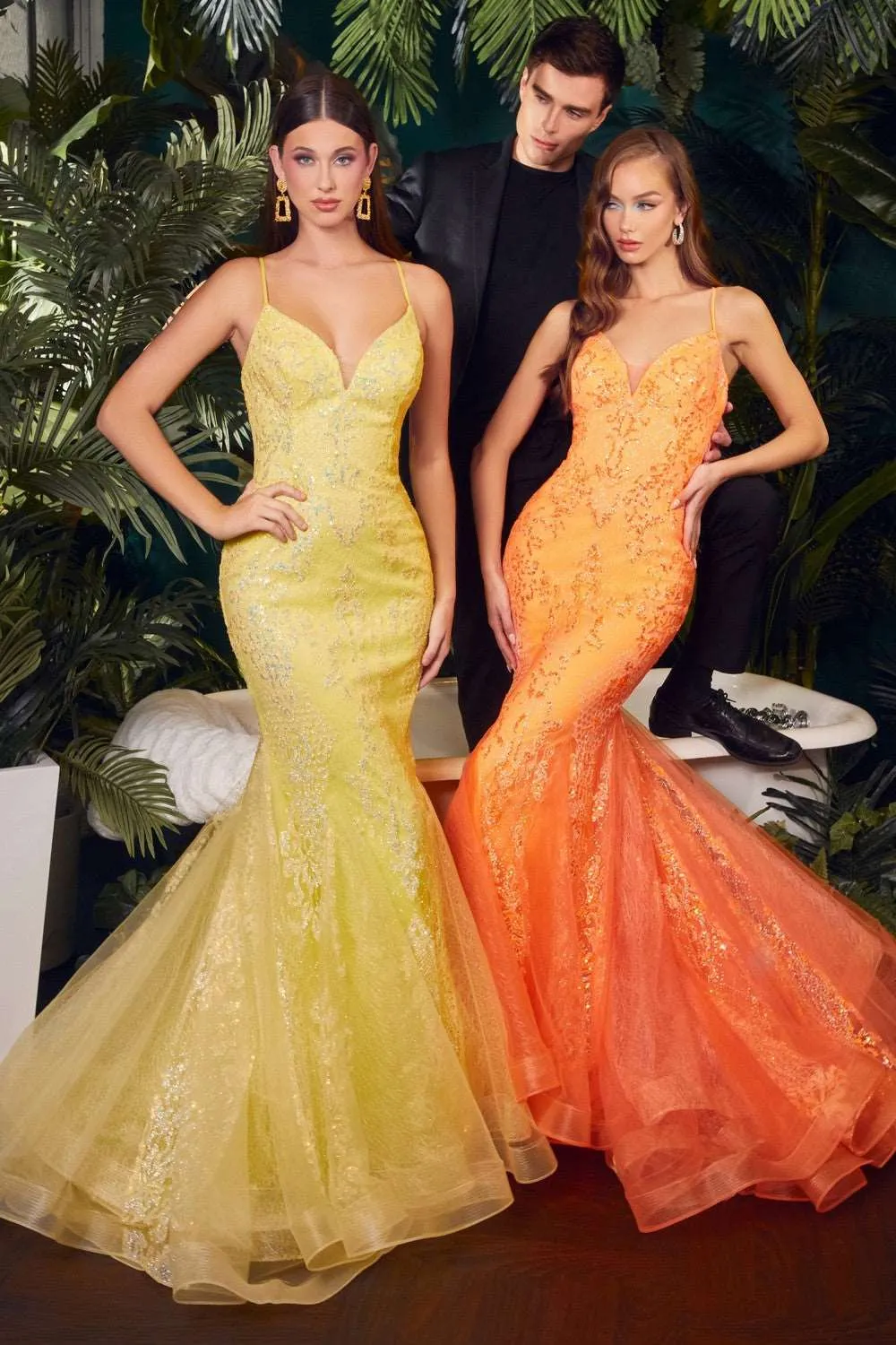 CD CC2279 - Glitter Print Tulle Mermaid Style Prom Gown with V-Neck & Lace Up Corset Back