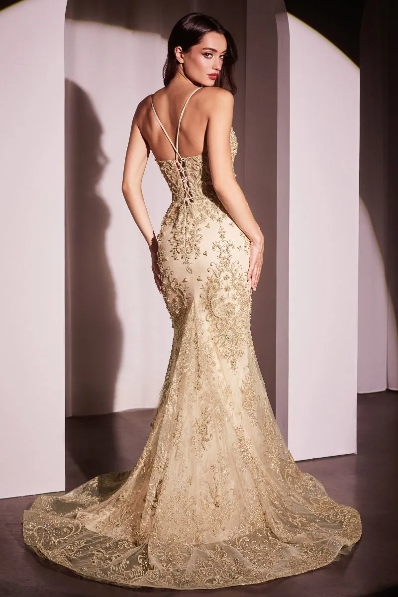 CD CC2403 - Pearl & Lace Embellished Fit & Flare Prom Gown with Plunging V-Neck & Lace Up Open Back