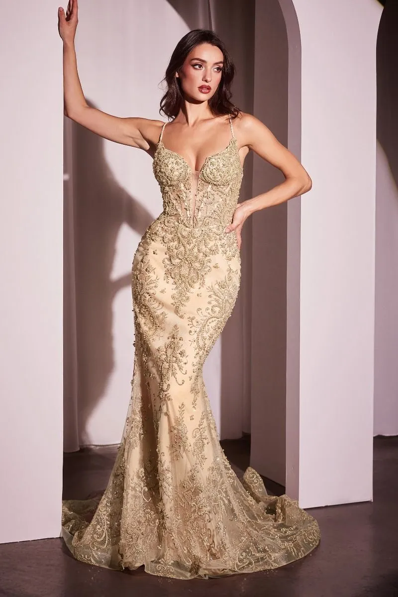 CD CC2403 - Pearl & Lace Embellished Fit & Flare Prom Gown with Plunging V-Neck & Lace Up Open Back
