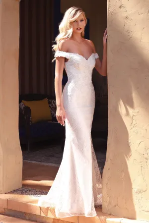 CD CD929 - Off the Shoulder Fit & Flare Wedding Gown with Floral Lace Applique & Glitter Print Skirt