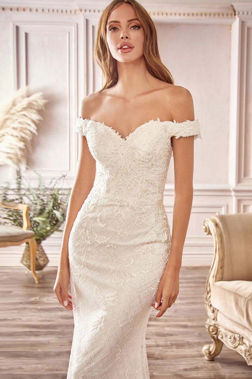 CD CD929 - Off the Shoulder Fit & Flare Wedding Gown with Floral Lace Applique & Glitter Print Skirt
