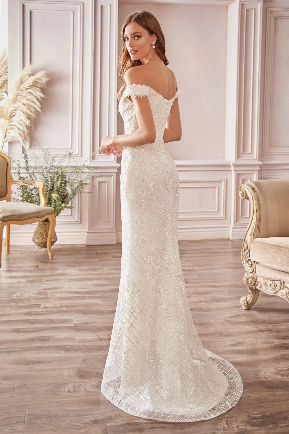 CD CD929 - Off the Shoulder Fit & Flare Wedding Gown with Floral Lace Applique & Glitter Print Skirt