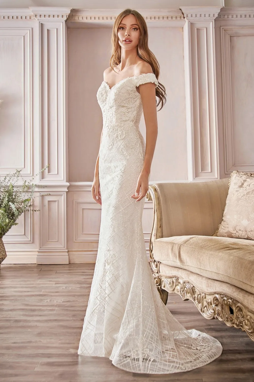 CD CD929 - Off the Shoulder Fit & Flare Wedding Gown with Floral Lace Applique & Glitter Print Skirt