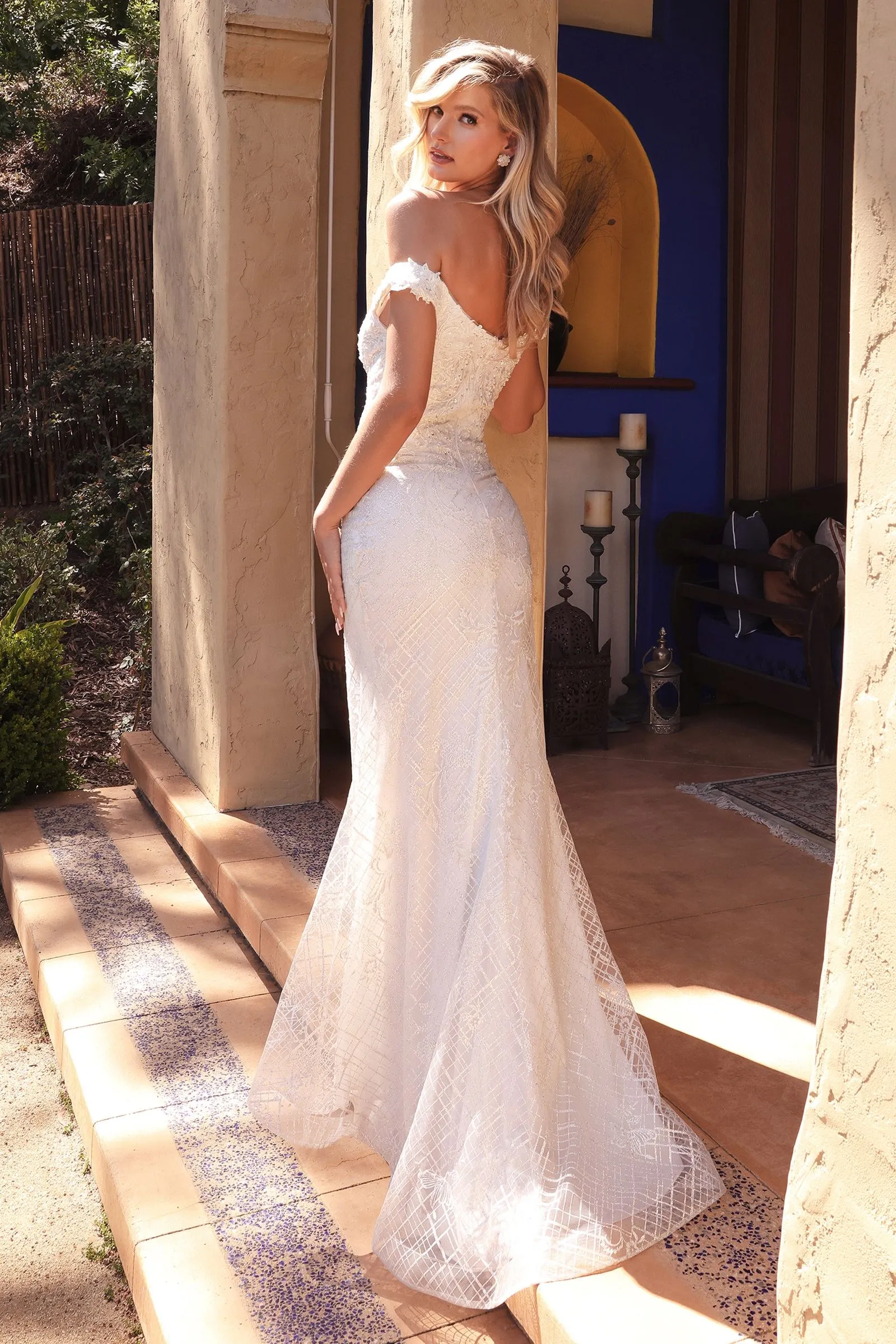 CD CD929 - Off the Shoulder Fit & Flare Wedding Gown with Floral Lace Applique & Glitter Print Skirt