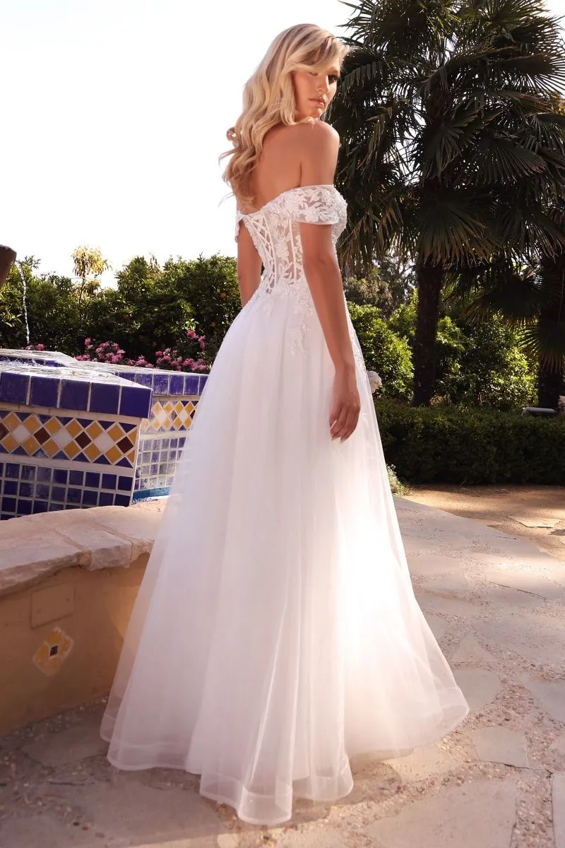 CD CD961W - Off The Shoulder A-Line Wedding Gown with Sheer Lace Embellished Corset Bodice & Open Lace Up Corset Back