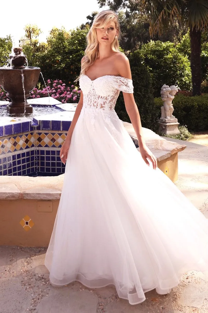 CD CD961W - Off The Shoulder A-Line Wedding Gown with Sheer Lace Embellished Corset Bodice & Open Lace Up Corset Back