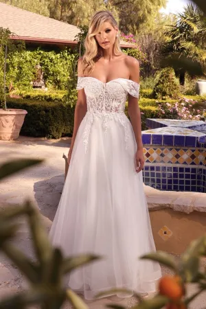 CD CD961W - Off The Shoulder A-Line Wedding Gown with Sheer Lace Embellished Corset Bodice & Open Lace Up Corset Back