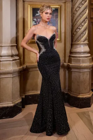 CD CM365 - Strapless Shimmer Stretch Jersey Fit & Flare Prom Gown with Sheer Cut-Out Rhinestone Embellished Sides & Bodice