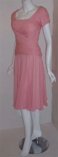 CEIL CHAPMAN 1960s Pink Chiffon Draped Pin Tucked Bodice Cocktail Dress