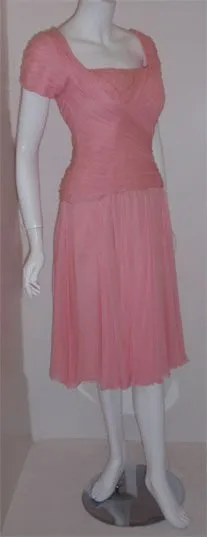CEIL CHAPMAN 1960s Pink Chiffon Draped Pin Tucked Bodice Cocktail Dress