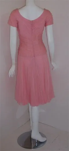 CEIL CHAPMAN 1960s Pink Chiffon Draped Pin Tucked Bodice Cocktail Dress