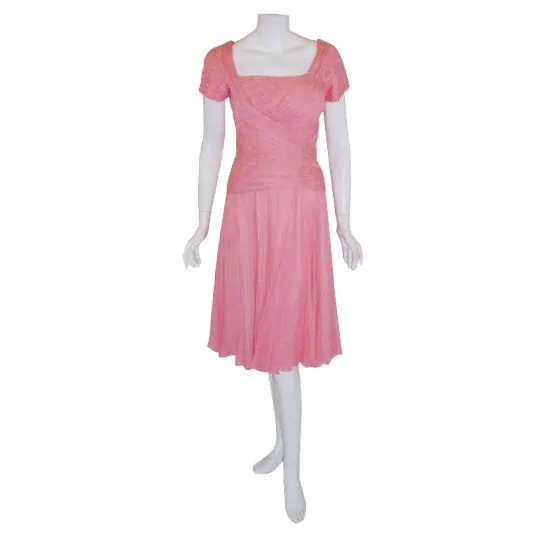 CEIL CHAPMAN 1960s Pink Chiffon Draped Pin Tucked Bodice Cocktail Dress