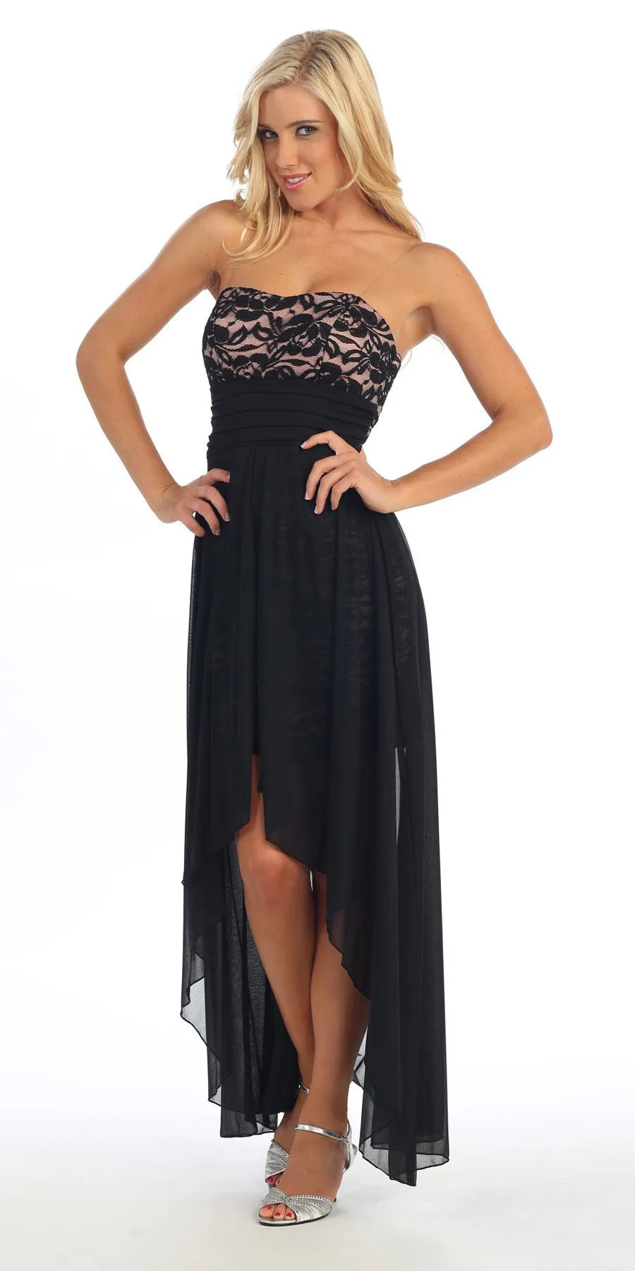 Celavie 2380 High Low Dress Chiffon/Lace Strapless Neck