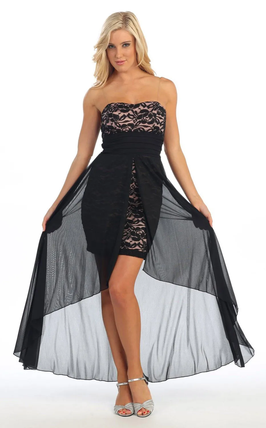 Celavie 2380 High Low Dress Chiffon/Lace Strapless Neck