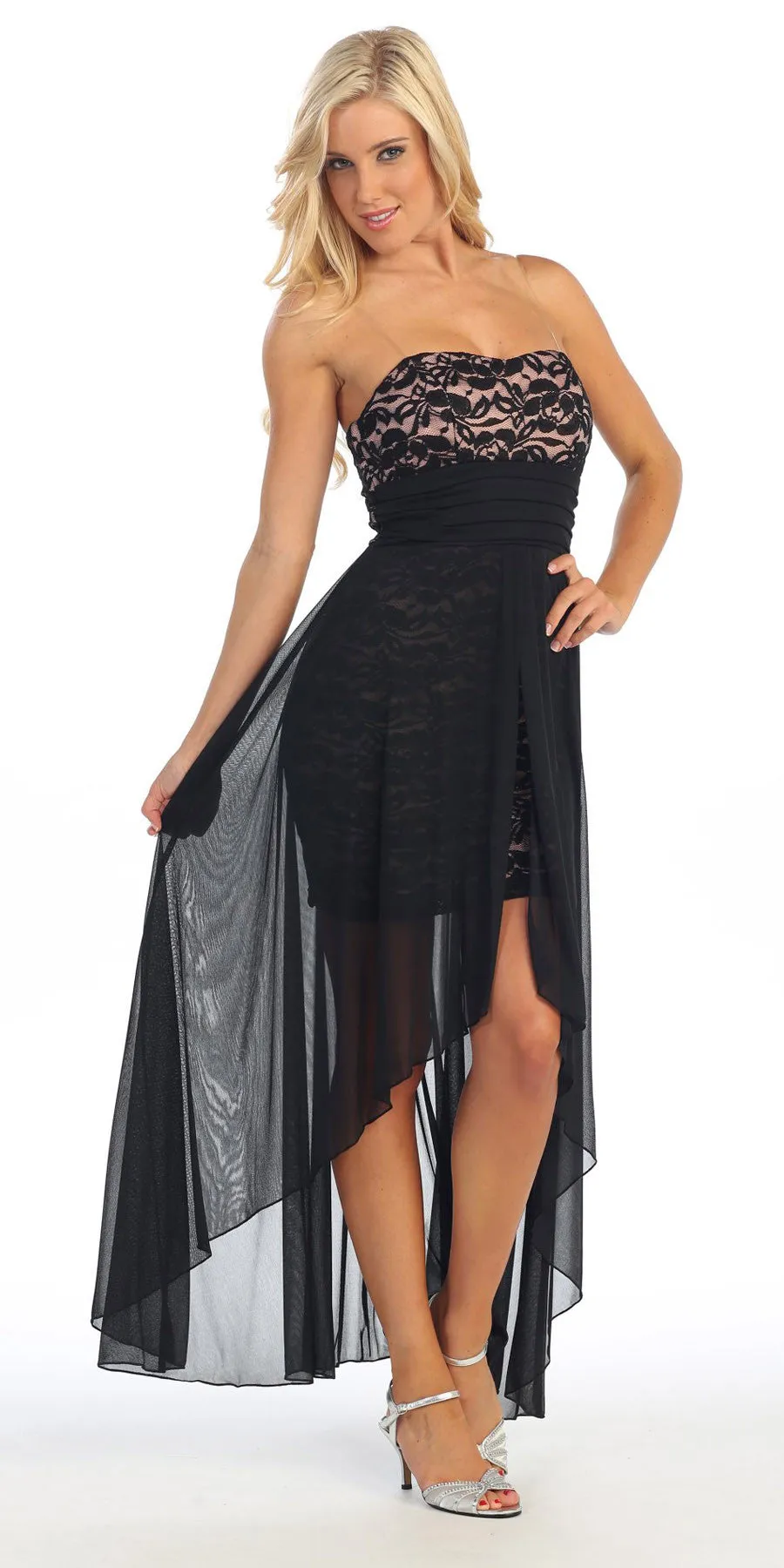 Celavie 2380 High Low Dress Chiffon/Lace Strapless Neck
