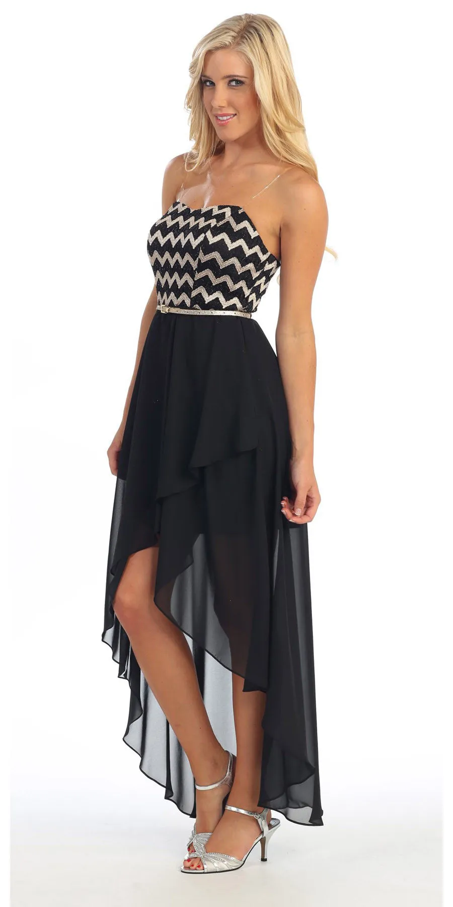 Celavie 2382 Short High Low Chiffon Dress Strapless Includes Belt