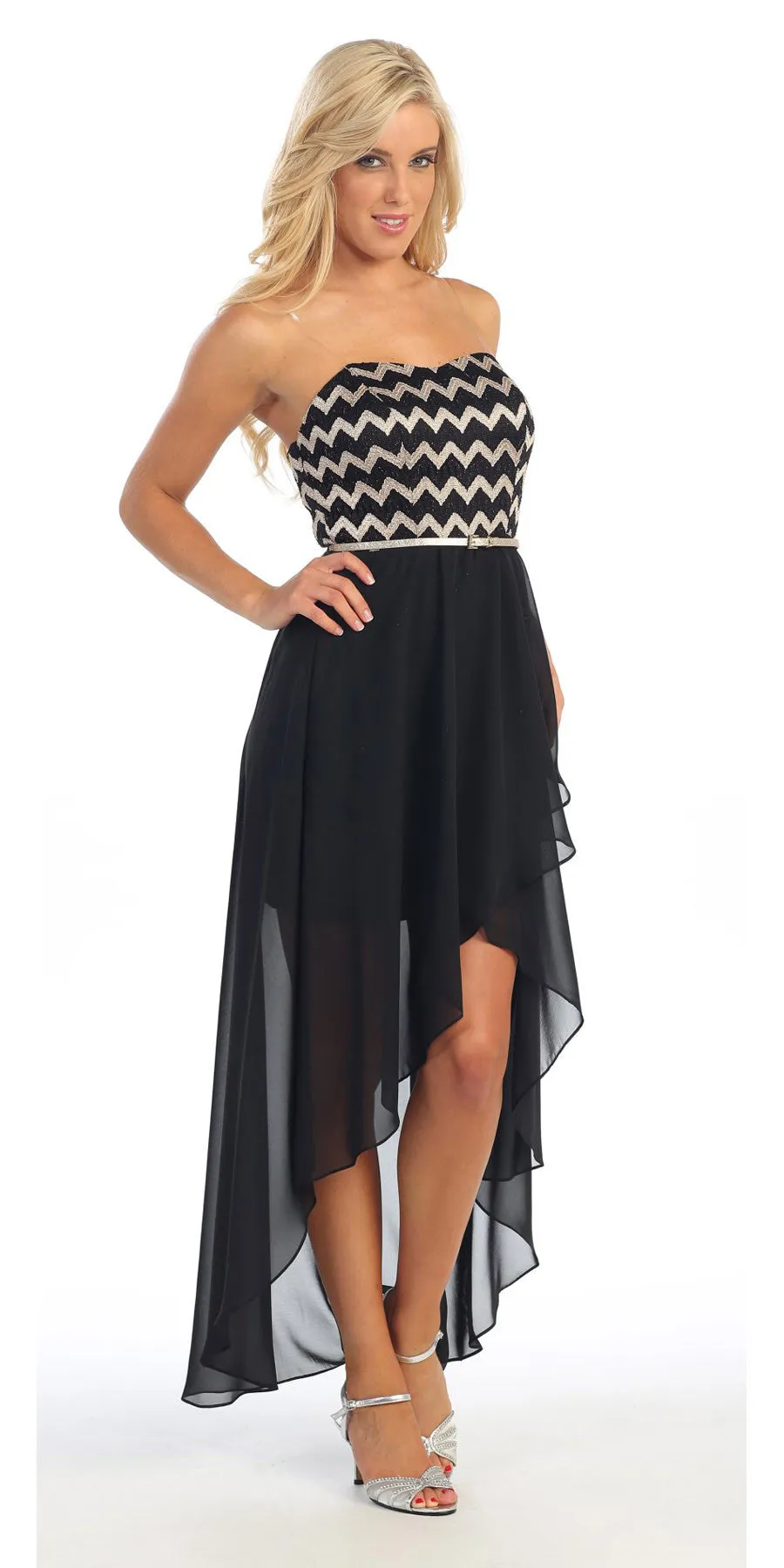 Celavie 2382 Short High Low Chiffon Dress Strapless Includes Belt
